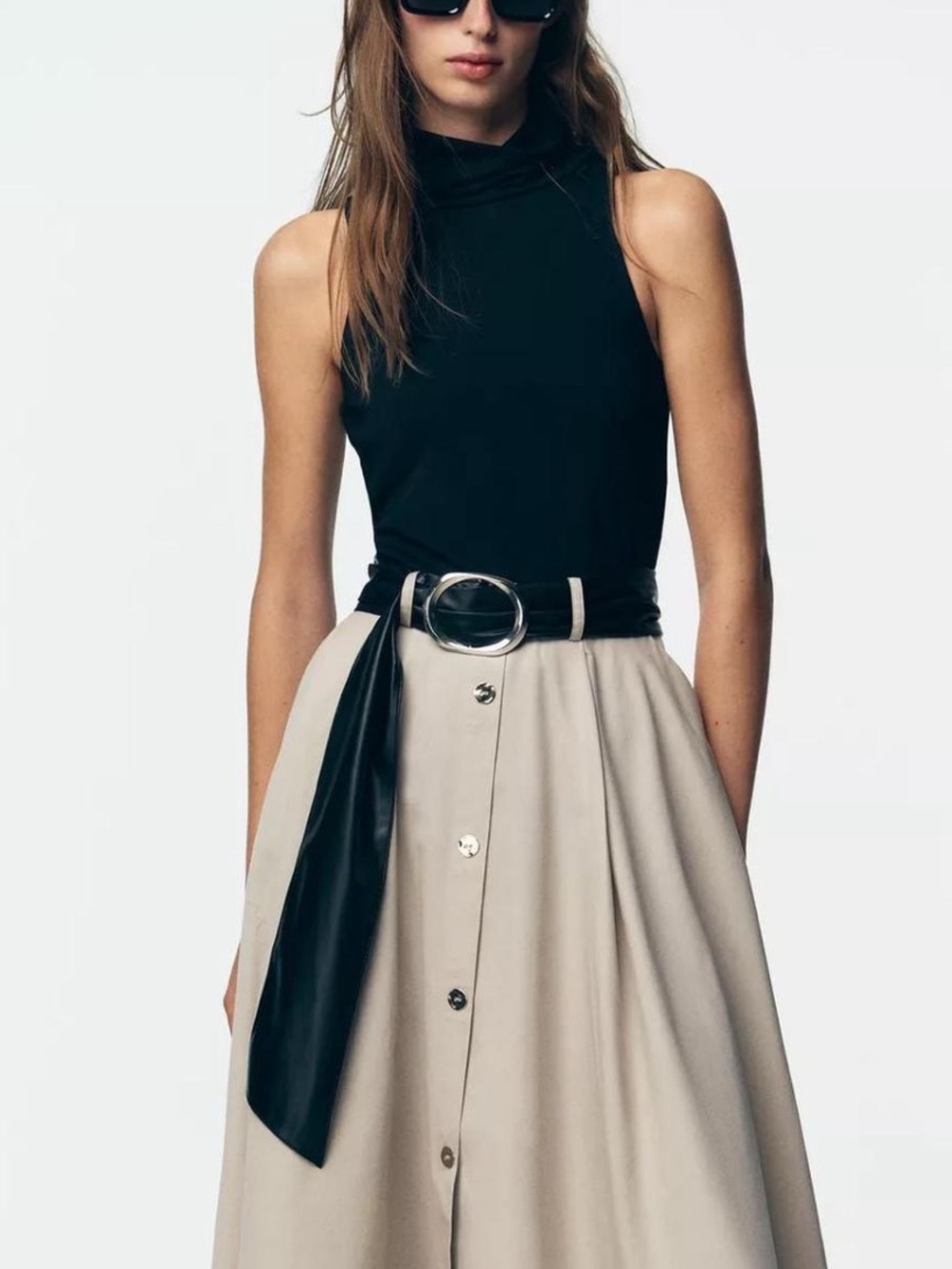 Zara Black & Cream A-Line Button Skirt with Sash Belt
